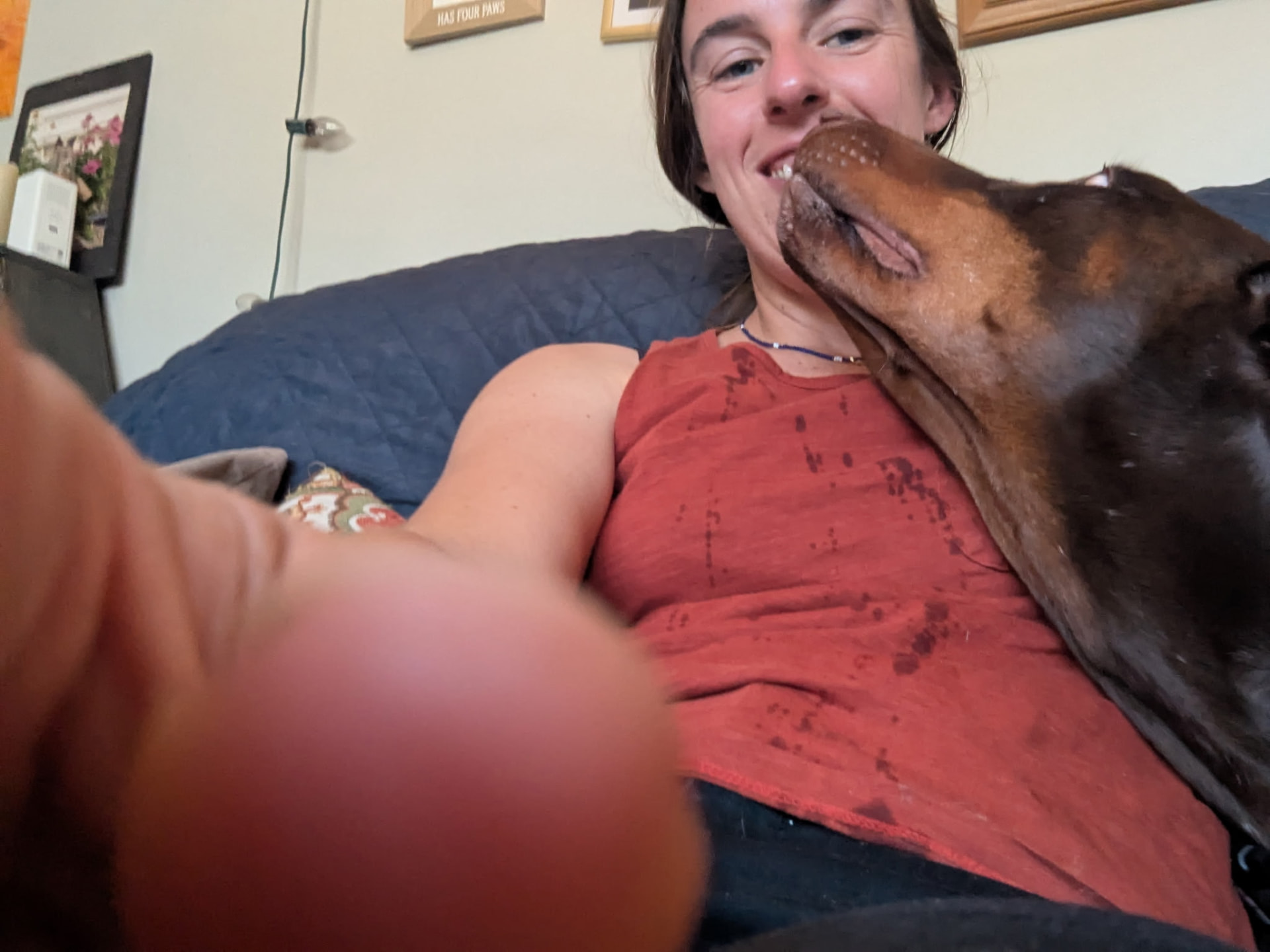 A Doberman giving Sarah a kiss while she cares for him at home